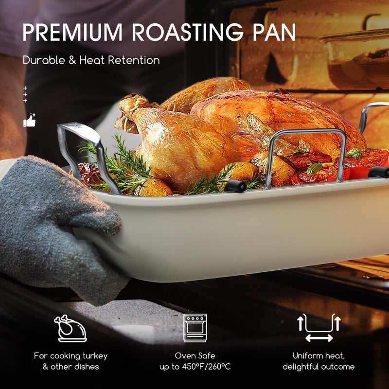 Slow Slog Nonstick Turkey Roasting Pan with Rack, 17 x 13 Inch Turkey Pan, large roaster pan for Meat & Vegetable, White - Image 5